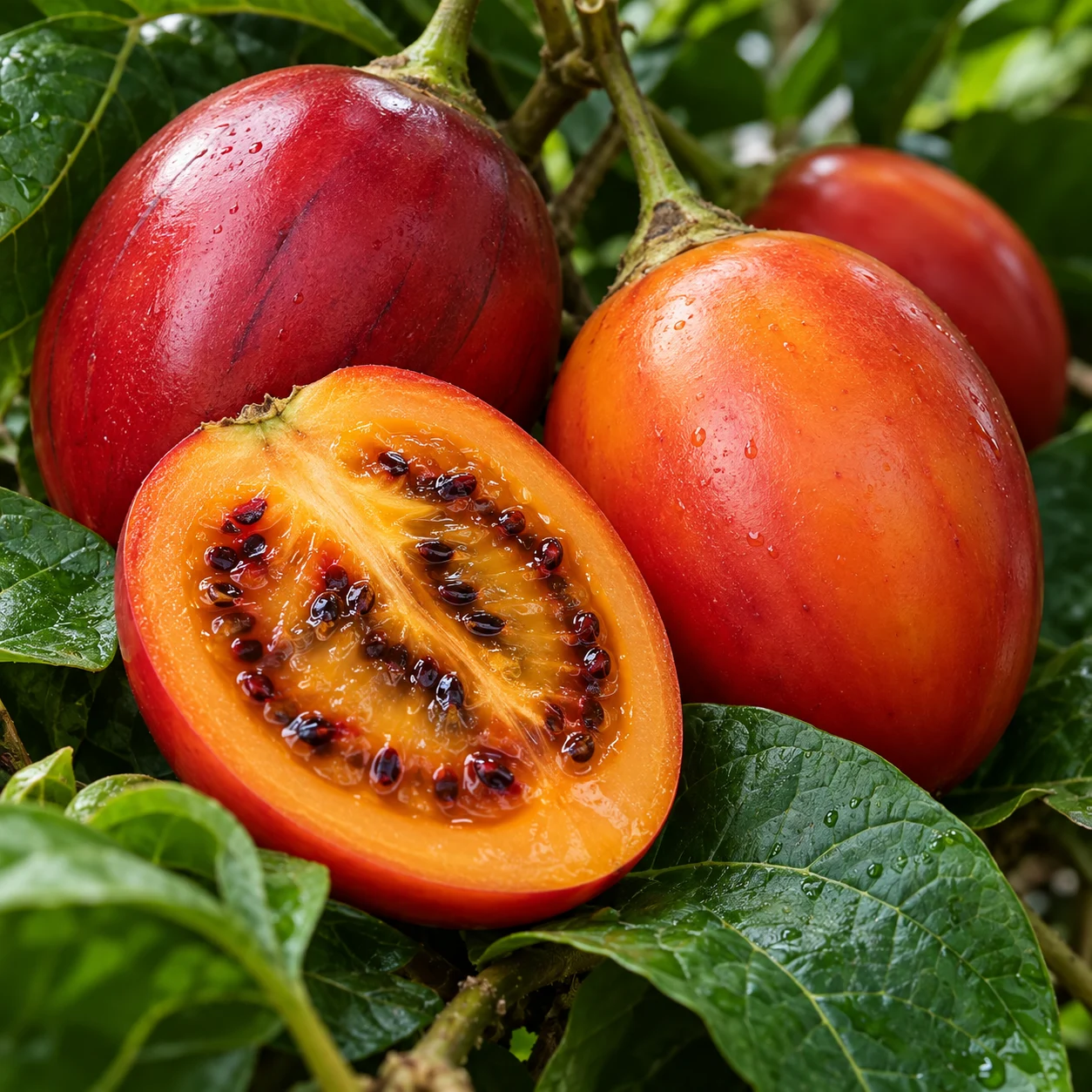 Illustration de tamarillos entiers et coupés